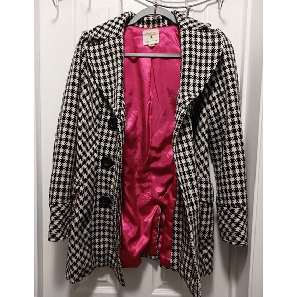 Forever 21 Wool Blend Pea Coat Double Breasted Black White Plaid S - Picture 3 of 6